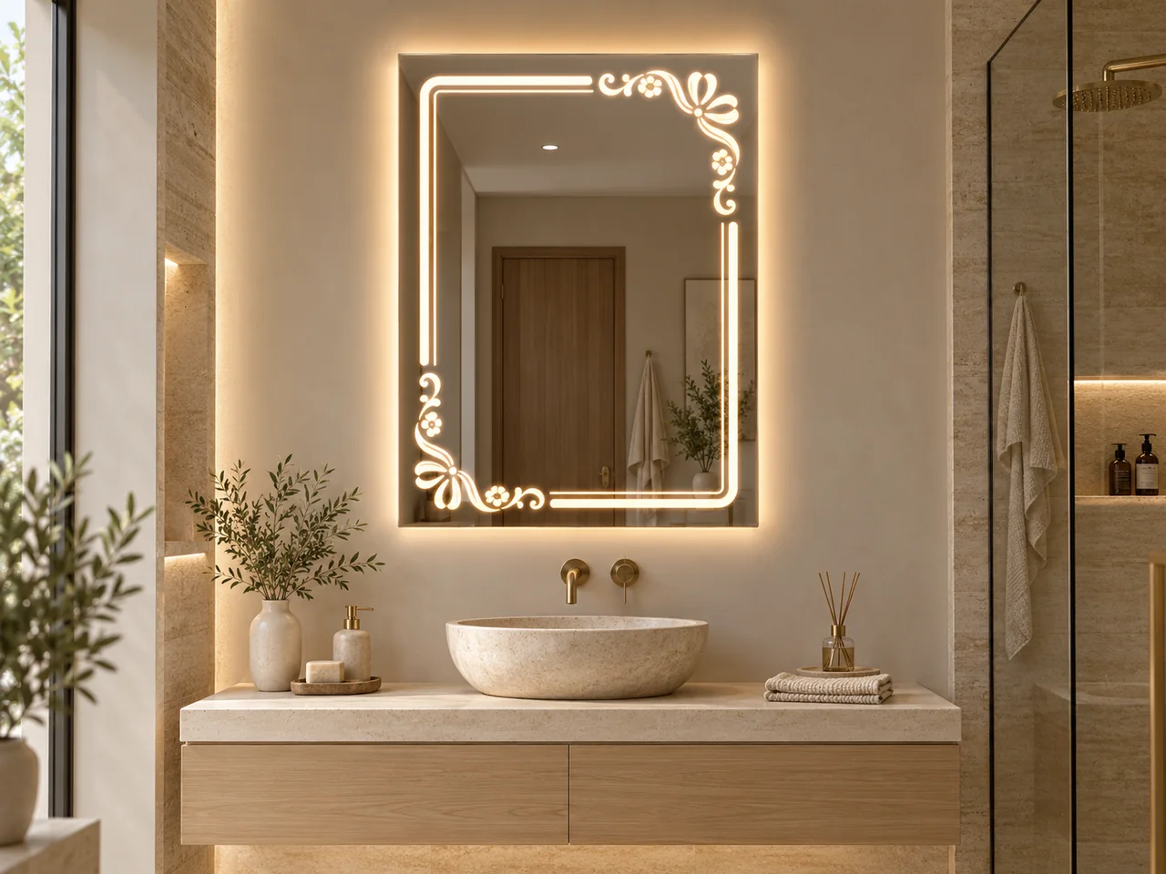 LED mirror 2037 — Warm-glow corner scrolls