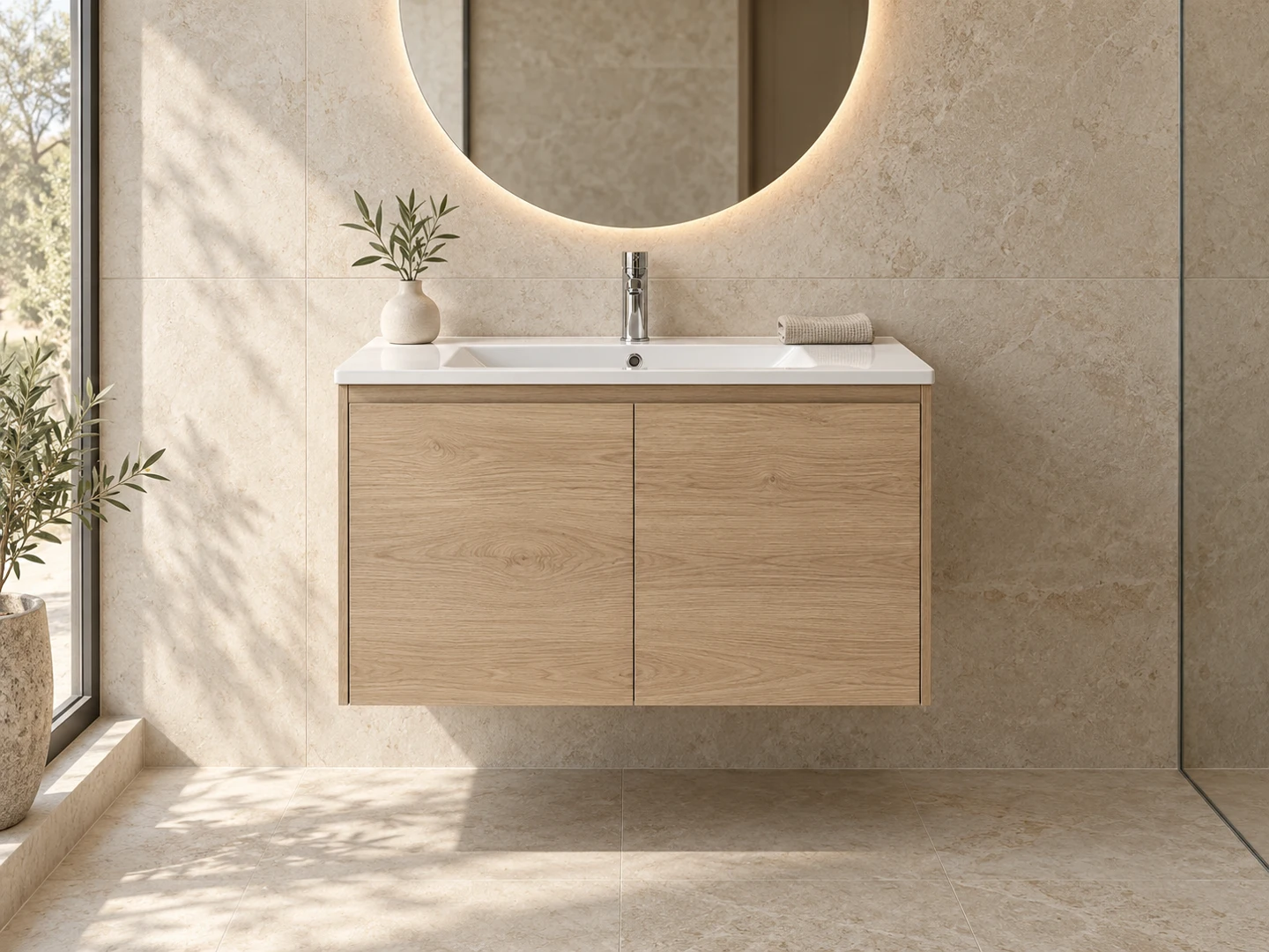 Compact single-basin vanity · 60 cm · Light oak effect