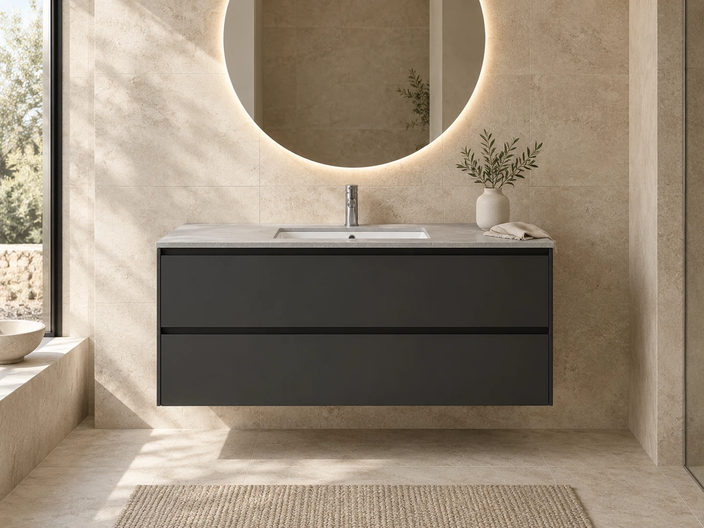 Sintered-stone single-basin vanity · 90 cm · Charcoal