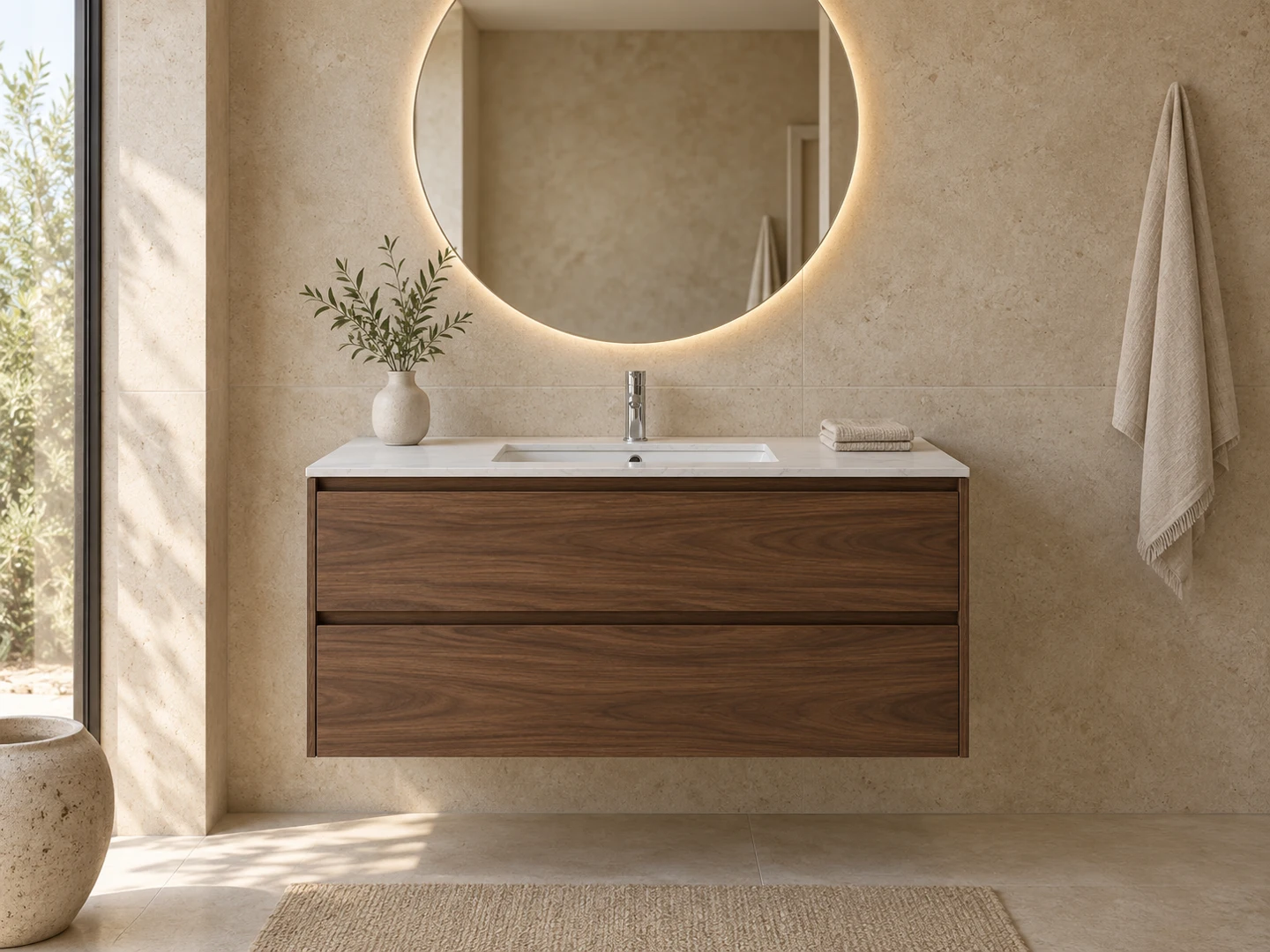 Sintered-stone single-basin vanity · 80 cm · Walnut effect